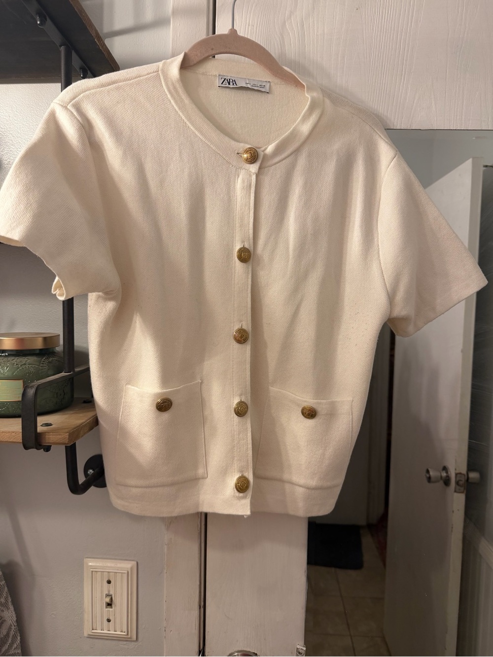 Zara Ivory Short-Sleeve Knit Cardigan with Gold Buttons